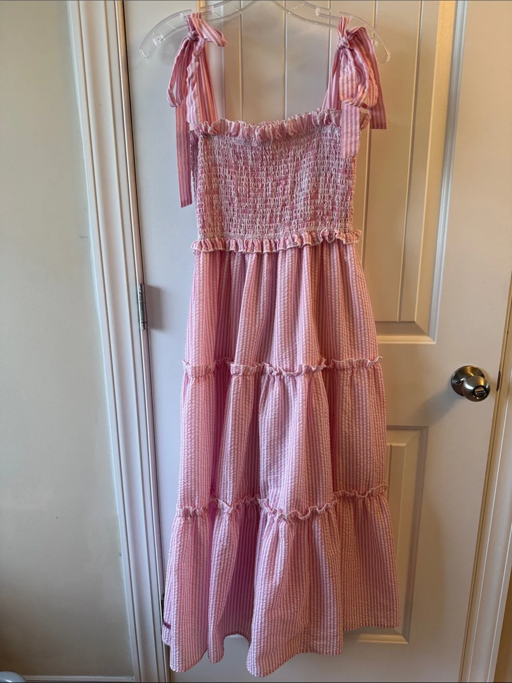 Pink Searsucker Tie-Shoulder Smocked Dress - Picture 1 of 4